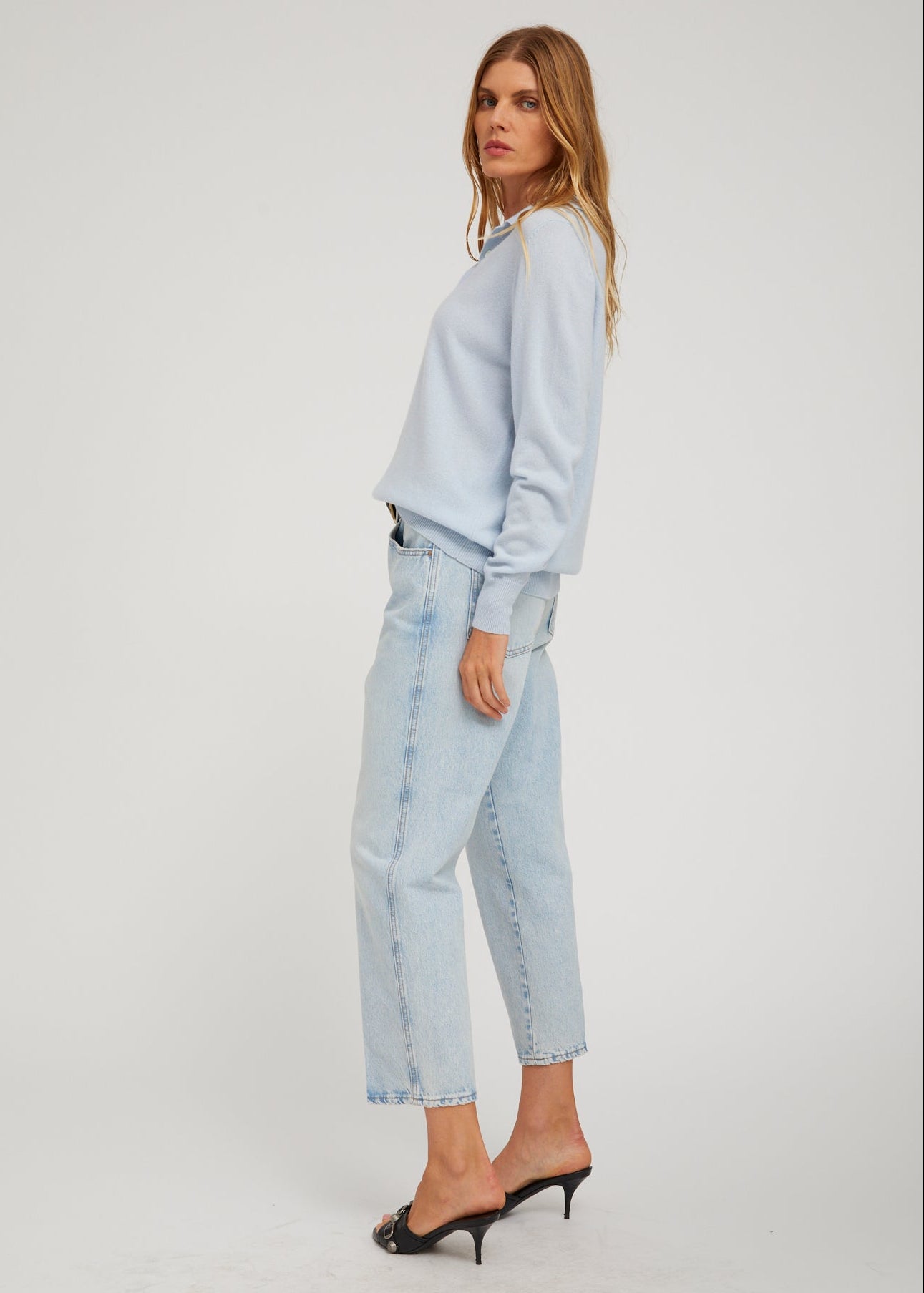 person wearing sprwmn Cashmere Polo Sweater in Baby Blue