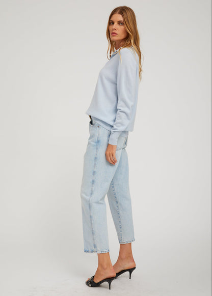 person wearing sprwmn Cashmere Polo Sweater in Baby Blue