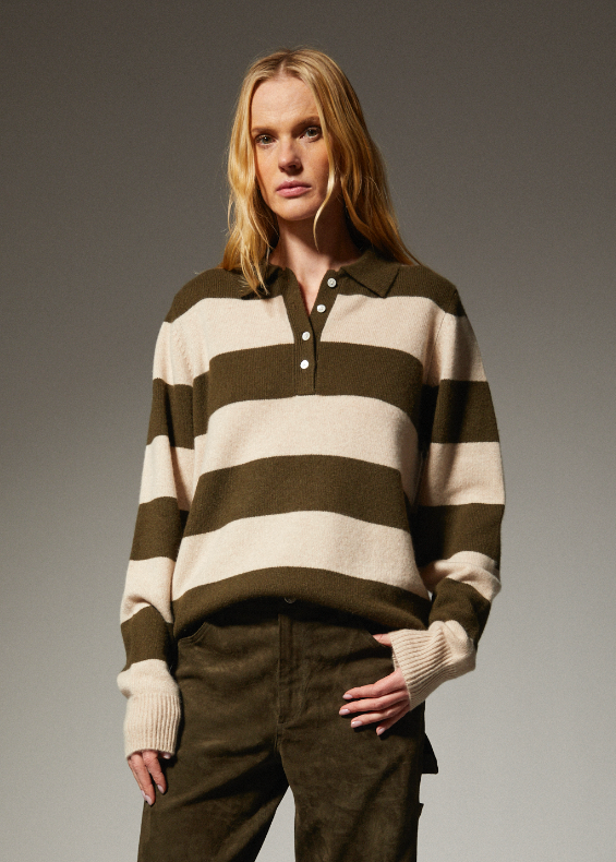 person wearing sprwmn Cashmere Polo Sweater in Olive Stripe
