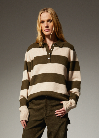 person wearing sprwmn Cashmere Polo Sweater in Olive Stripe