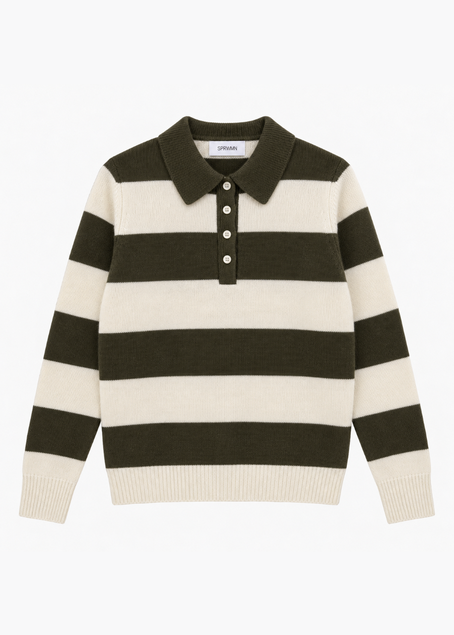 sprwmn Cashmere Polo Sweater in Olive Stripe