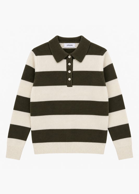 sprwmn Cashmere Polo Sweater in Olive Stripe