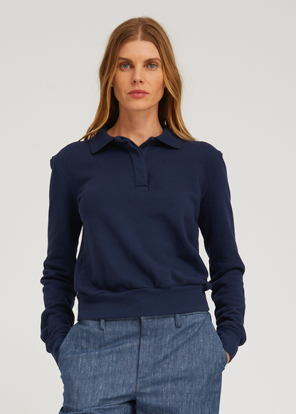 person wearing sprwmn Cotton Terry Polo Sweatshirt in Navy
