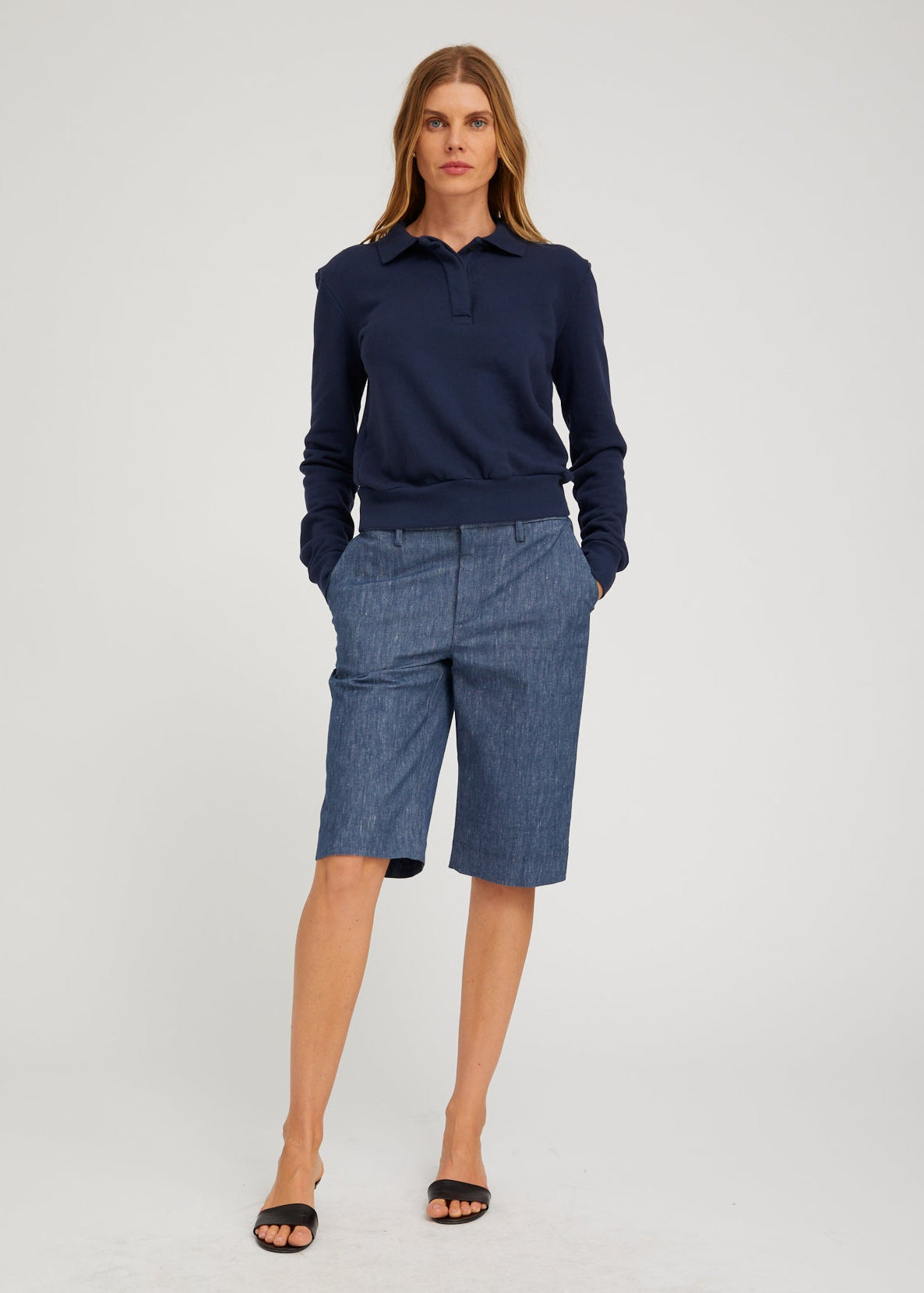 person wearing sprwmn Cotton Terry Polo Sweatshirt in Navy
