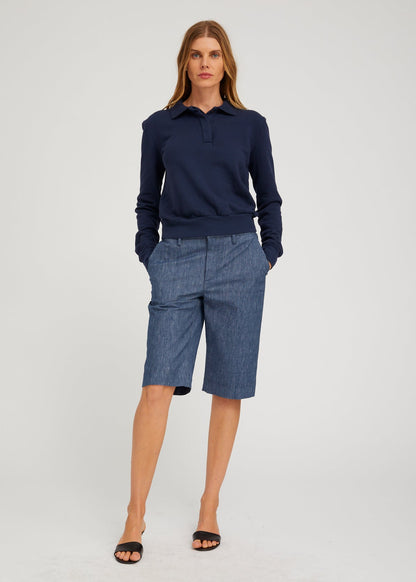 person wearing sprwmn Cotton Terry Polo Sweatshirt in Navy