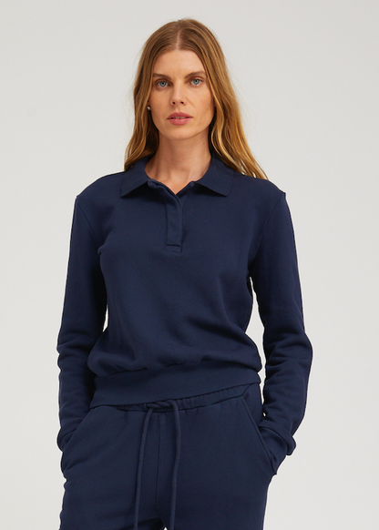 person wearing sprwmn Cotton Terry Polo Sweatshirt in Navy