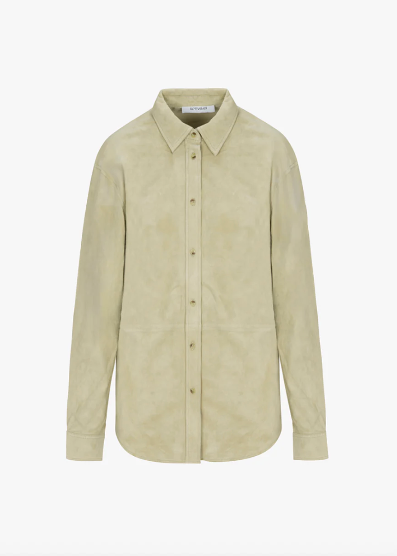 sprwmn Elise Suede Button Up Shirt in Pistachio