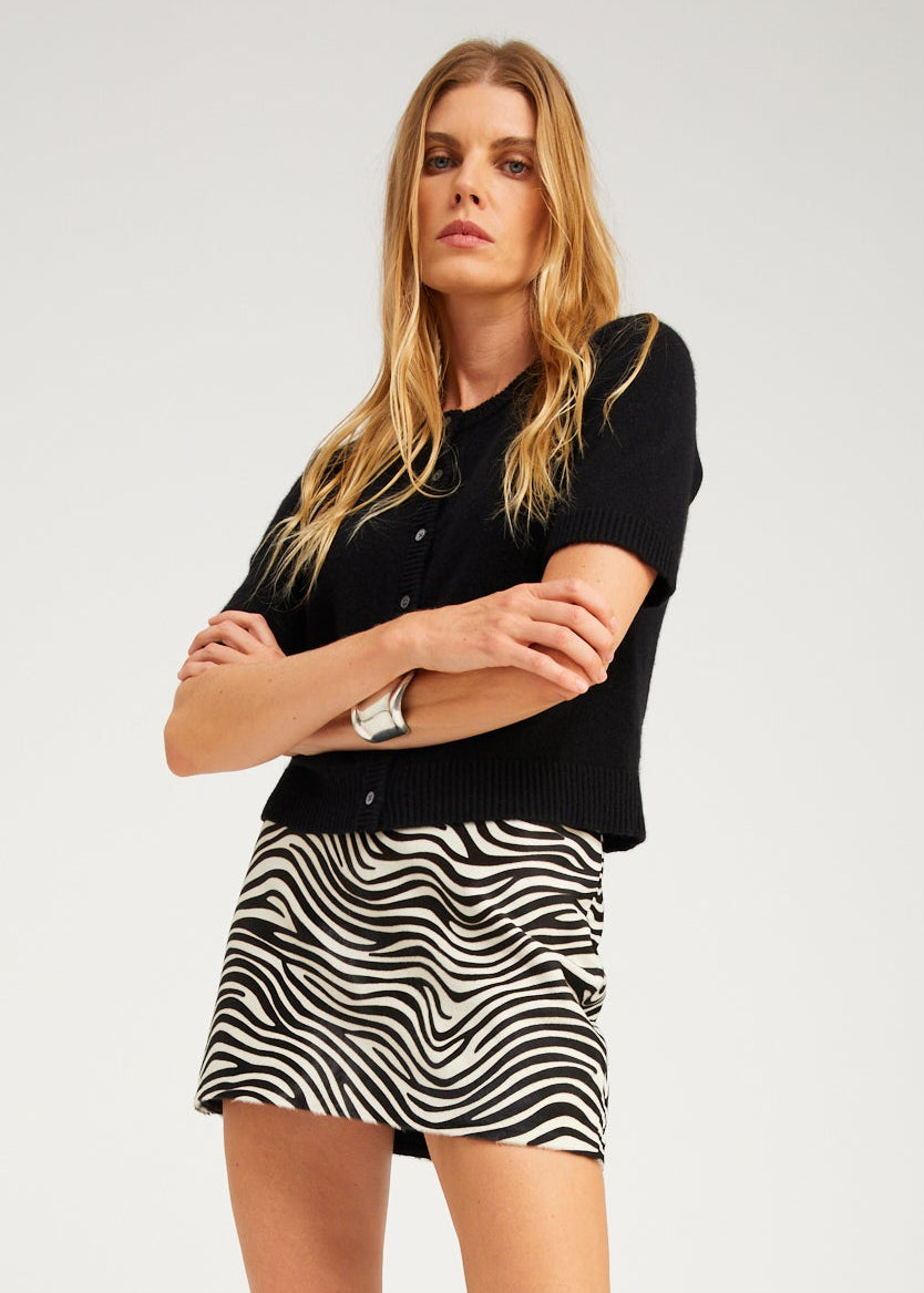 person wearing sprwmn Marcel Zebra Pony Skirt leather 