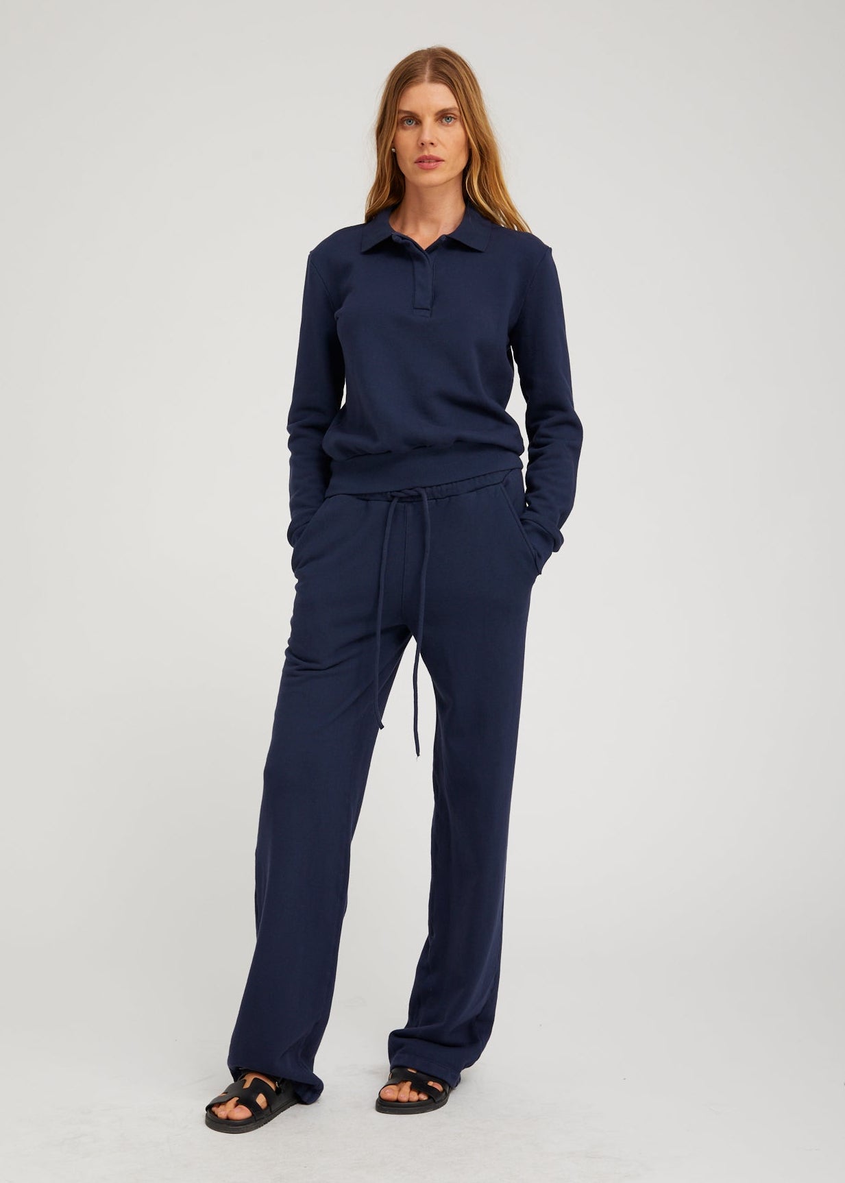person wearing sprwmn Straight Leg Cotton Terry Sweatpants in Navy