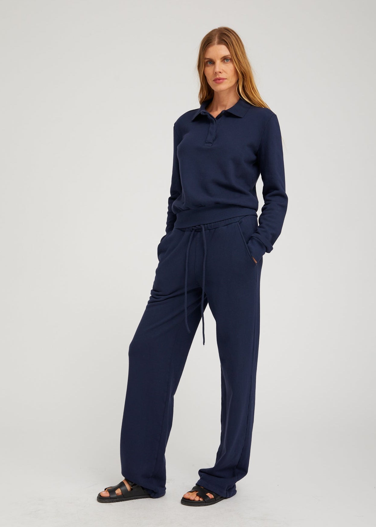 person wearing sprwmn Straight Leg Cotton Terry Sweatpants in Navy