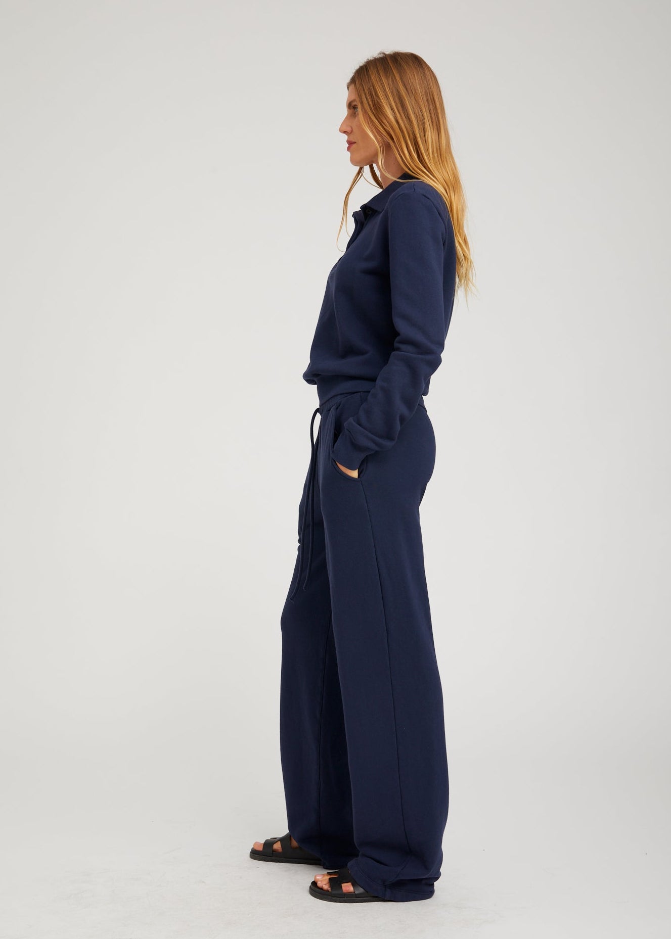 person wearing sprwmn Straight Leg Cotton Terry Sweatpants in Navy