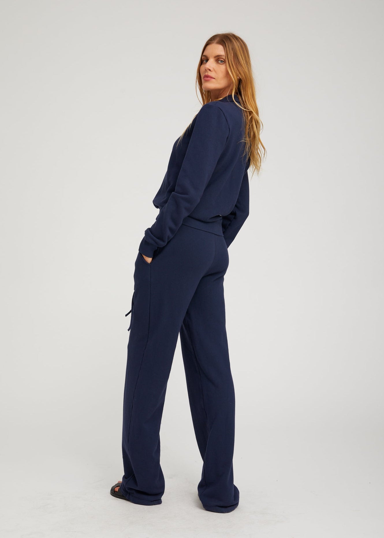 person wearing sprwmn Straight Leg Cotton Terry Sweatpants in Navy