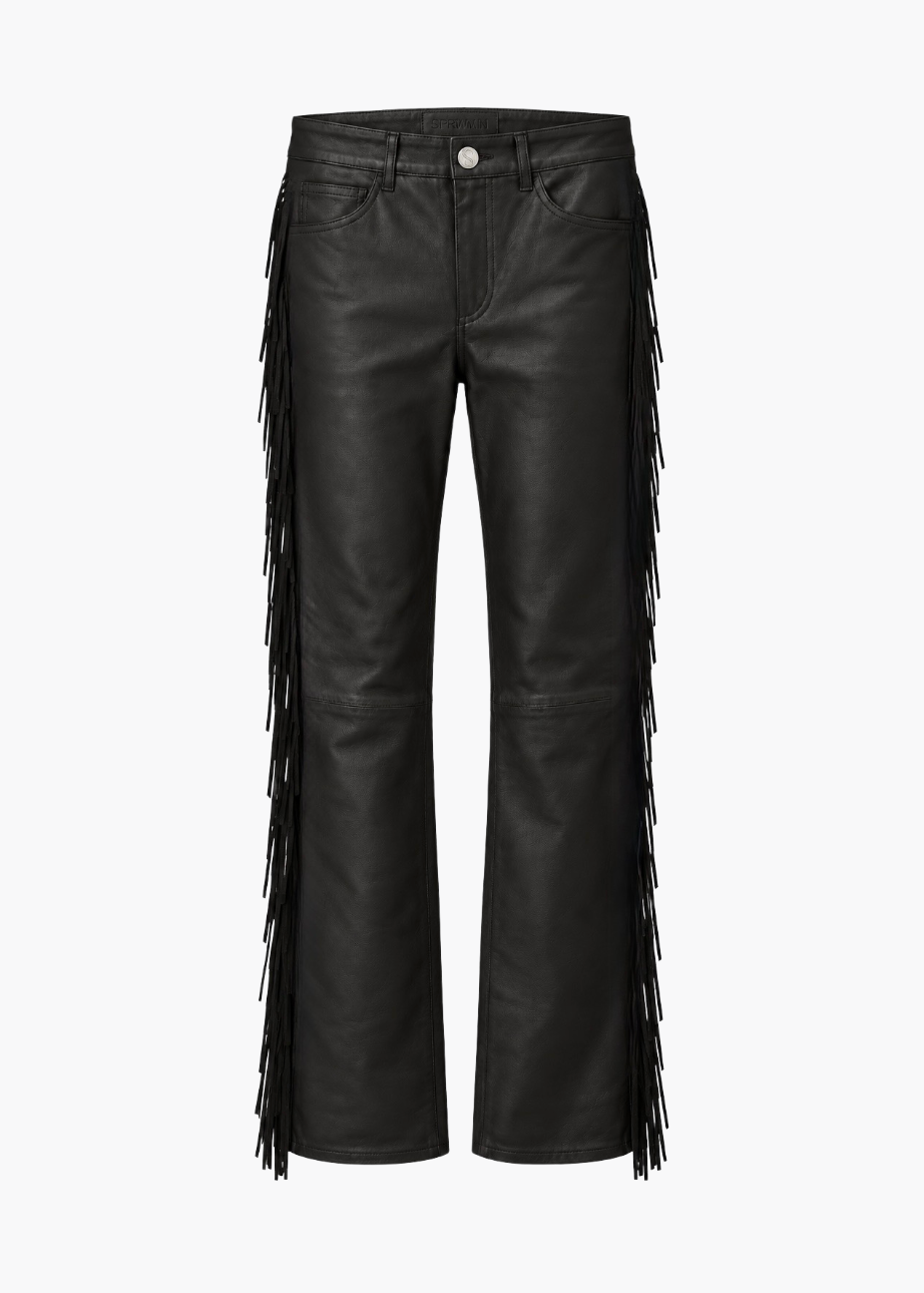 sprwmn womens 5 Pocket Micro Flare Suede Fringe Leather Pants in Black