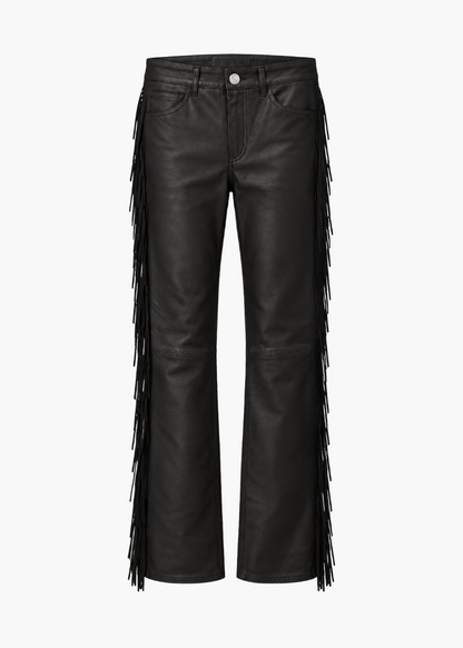 sprwmn womens 5 Pocket Micro Flare Suede Fringe Leather Pants in Black