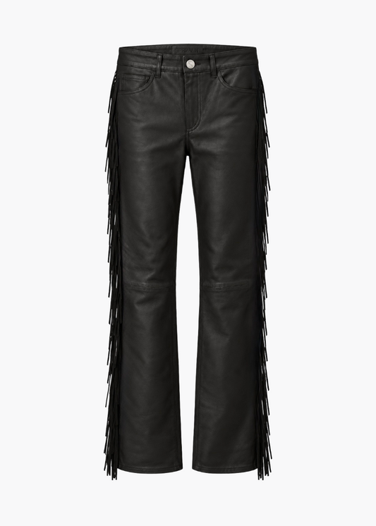 sprwmn womens 5 Pocket Micro Flare Suede Fringe Leather Pants in Black
