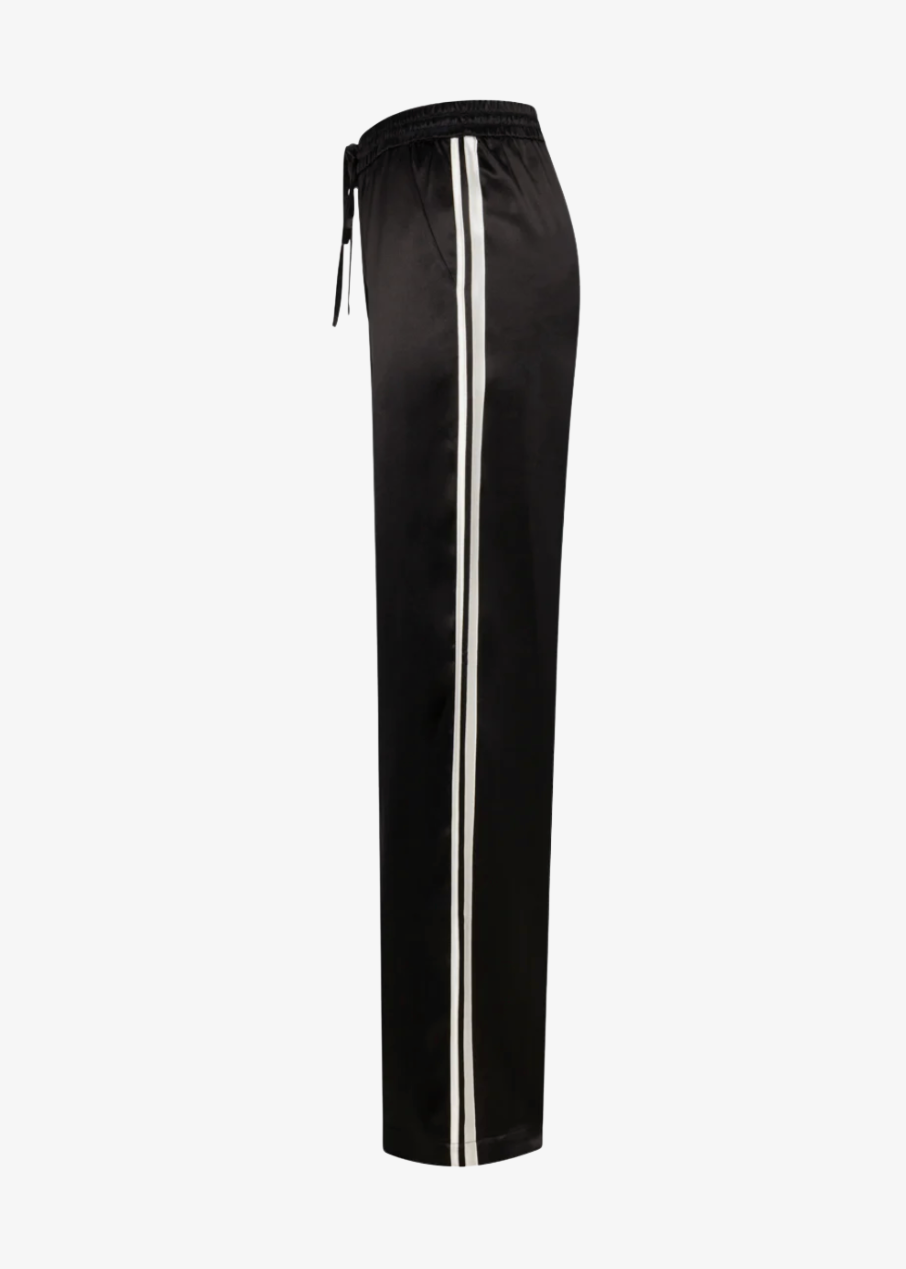 sprwmn womens Baggy Athletic Silk Pants in Black white stripe