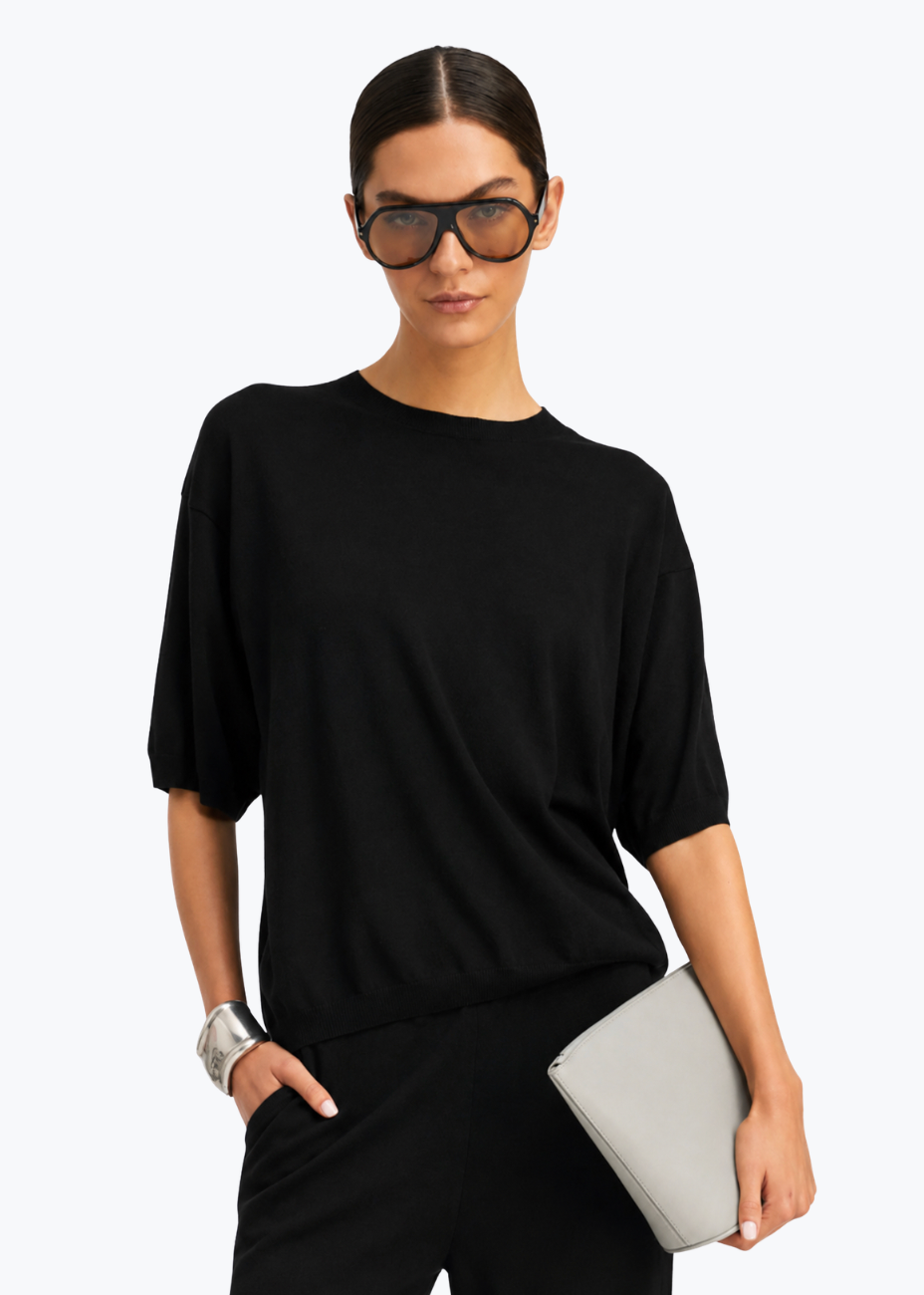 person wearing sprwmn womens Cashmere Boxy Tee in Black
