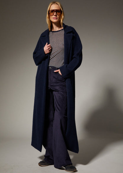 person wearing sprwmn womens Cashmere Classic Coat in Navy