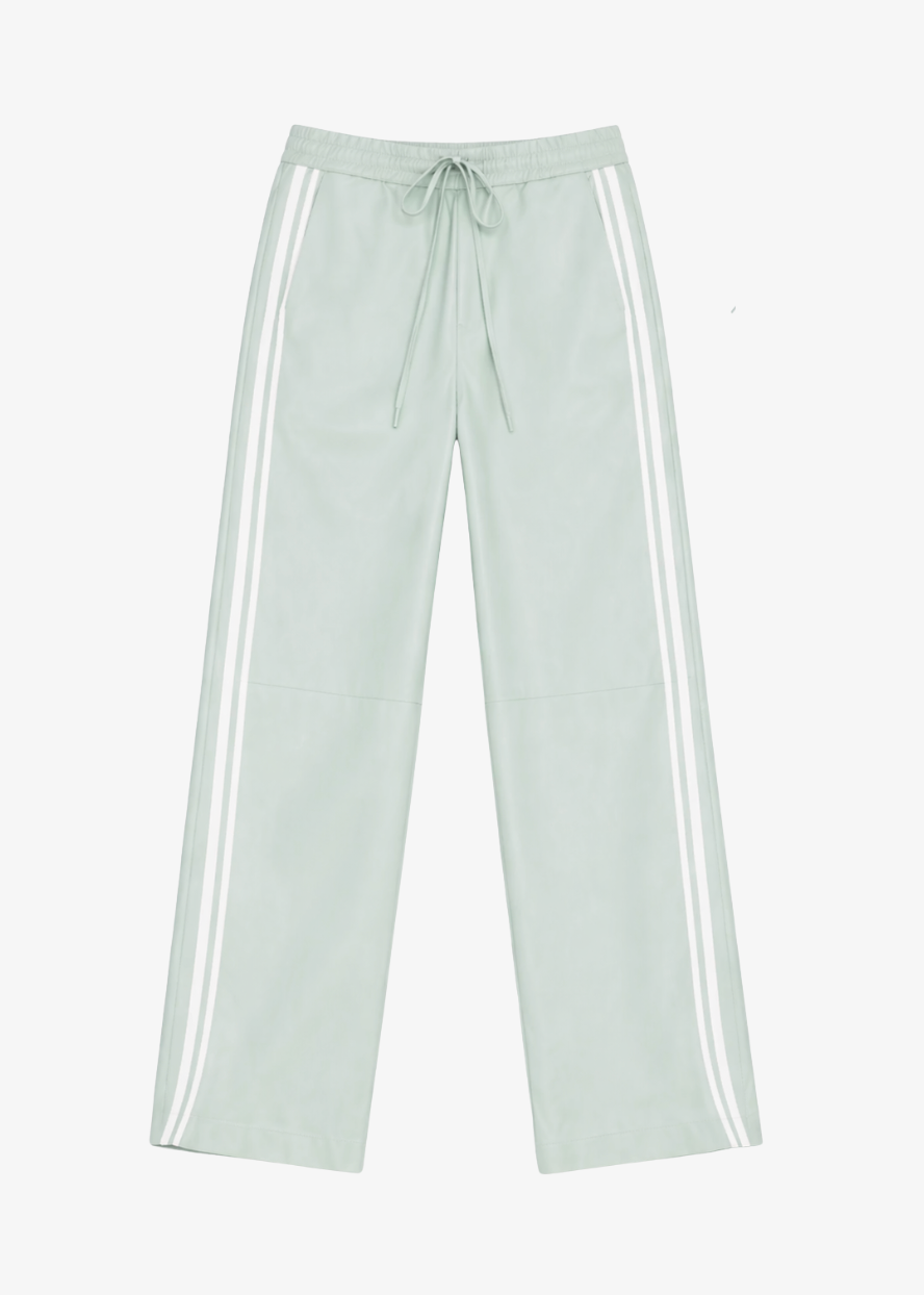 sprwmn womens Leather Baggy Athletic Pants in Mist white stripe