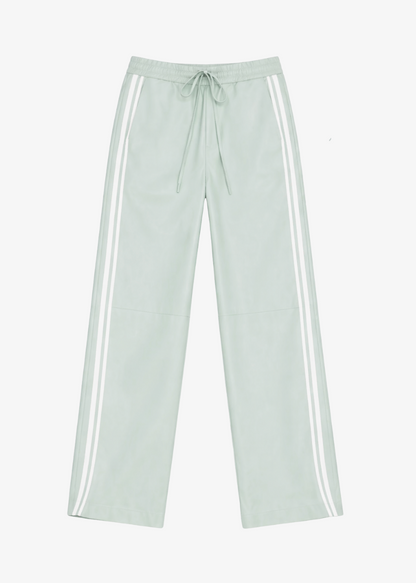 sprwmn womens Leather Baggy Athletic Pants in Mist white stripe