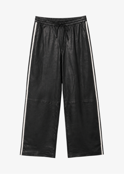 sprwmn womens Leather Baggy Athletic Stripe Sweatpants in Black