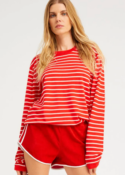 person wearing sprwmn womens Long Sleeve Cashmere Tee red stripes sweater