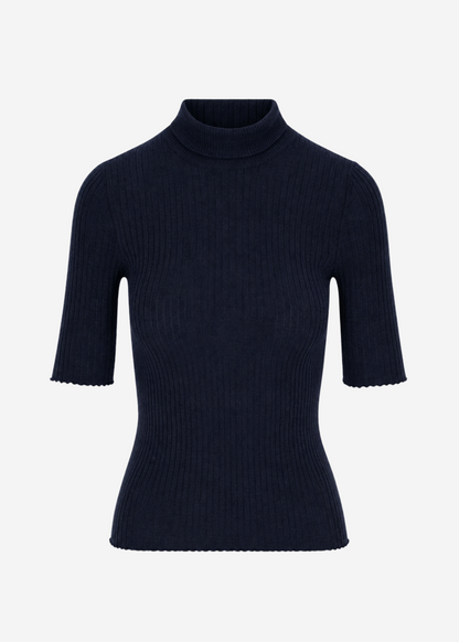 sprwmn womens Short Sleeve Cashmere Turtleneck in Navy