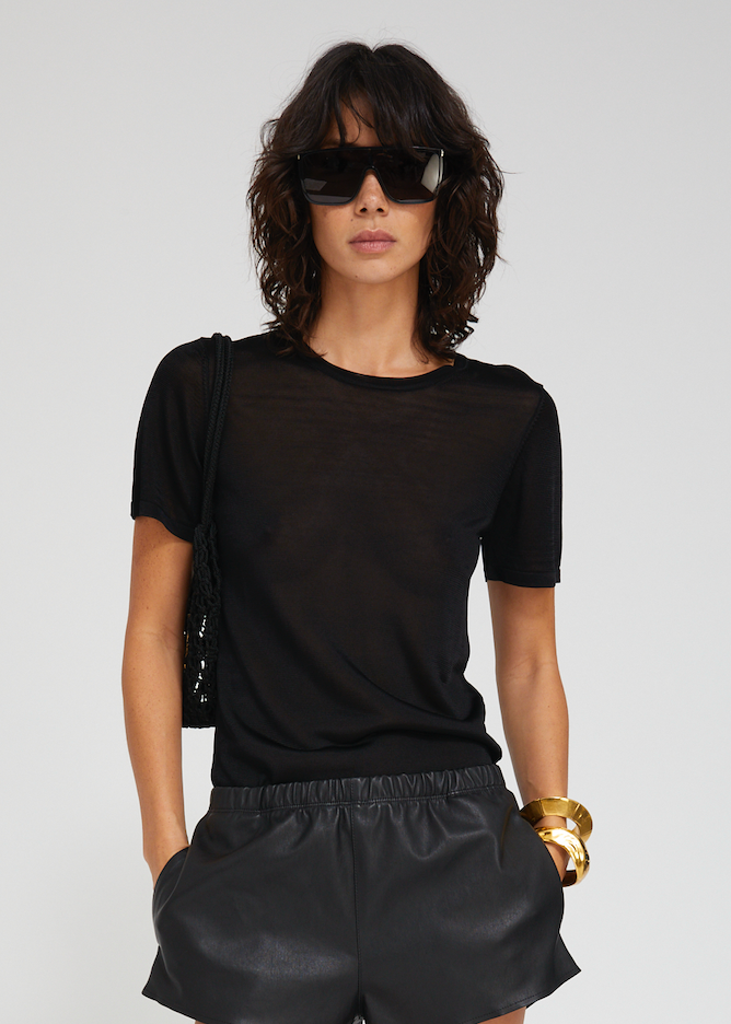 person wearing sprwmn womens Silky Jersey Classic Tee in Black