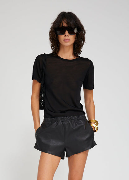 person wearing sprwmn womens Silky Jersey Classic Tee in Black