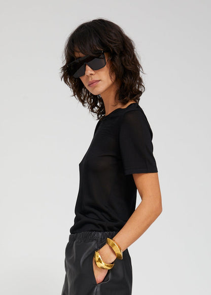 person wearing sprwmn womens Silky Jersey Classic Tee in Black
