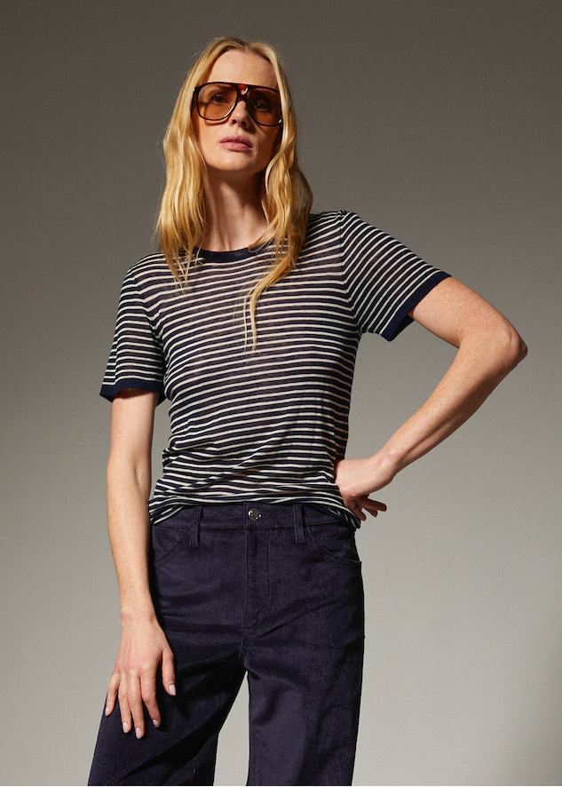 person wearing sprwmn womens Tissue Classic Short Sleeve Tee in Navy Mini Stripes