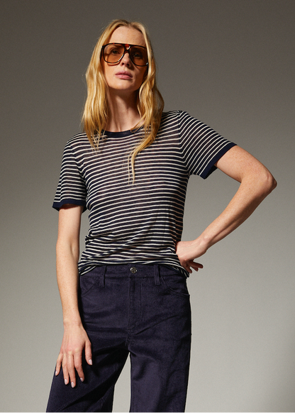 person wearing sprwmn womens Tissue Classic Short Sleeve Tee in Navy Mini Stripes