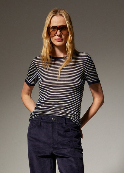 person wearing sprwmn womens Tissue Classic Short Sleeve Tee in Navy Mini Stripes