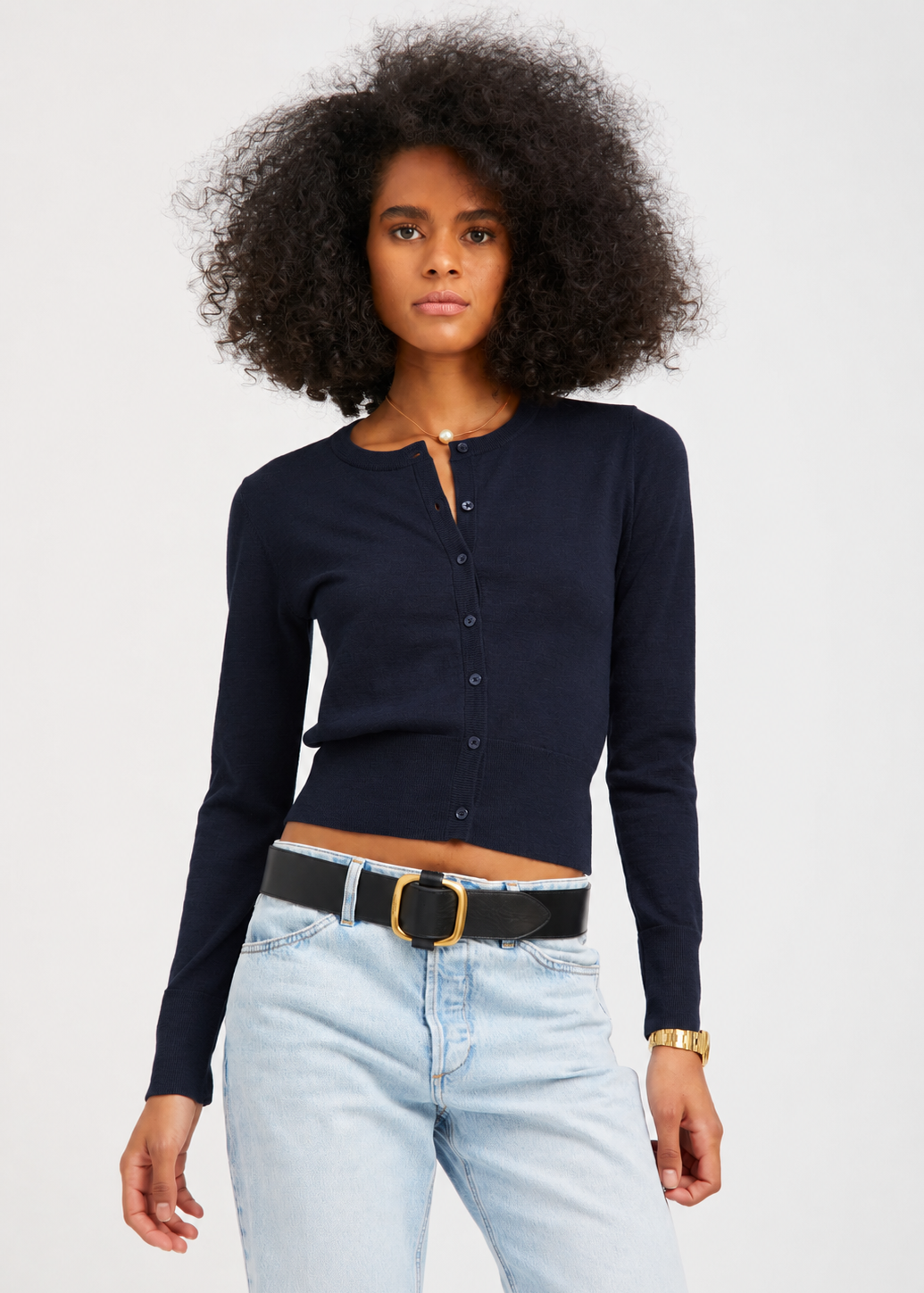 person wearing sprwmn womens Ultra Fine Cashmere Baby Cardigan in Navy