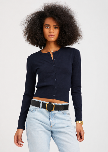person wearing sprwmn womens Ultra Fine Cashmere Baby Cardigan in Navy