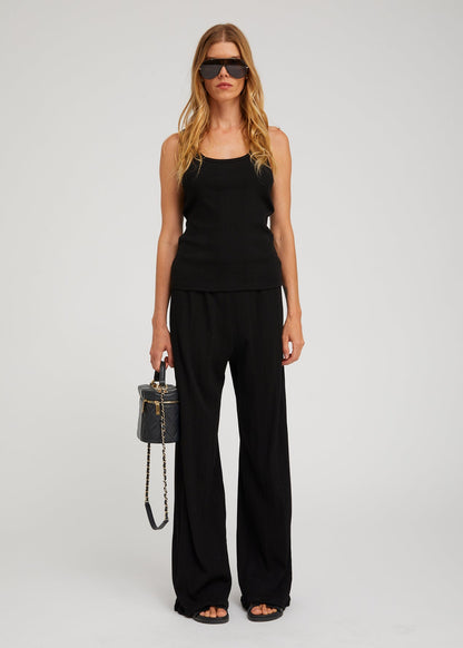 person wearing sprwmn womens Wide Leg Rib Easy Pants in Black