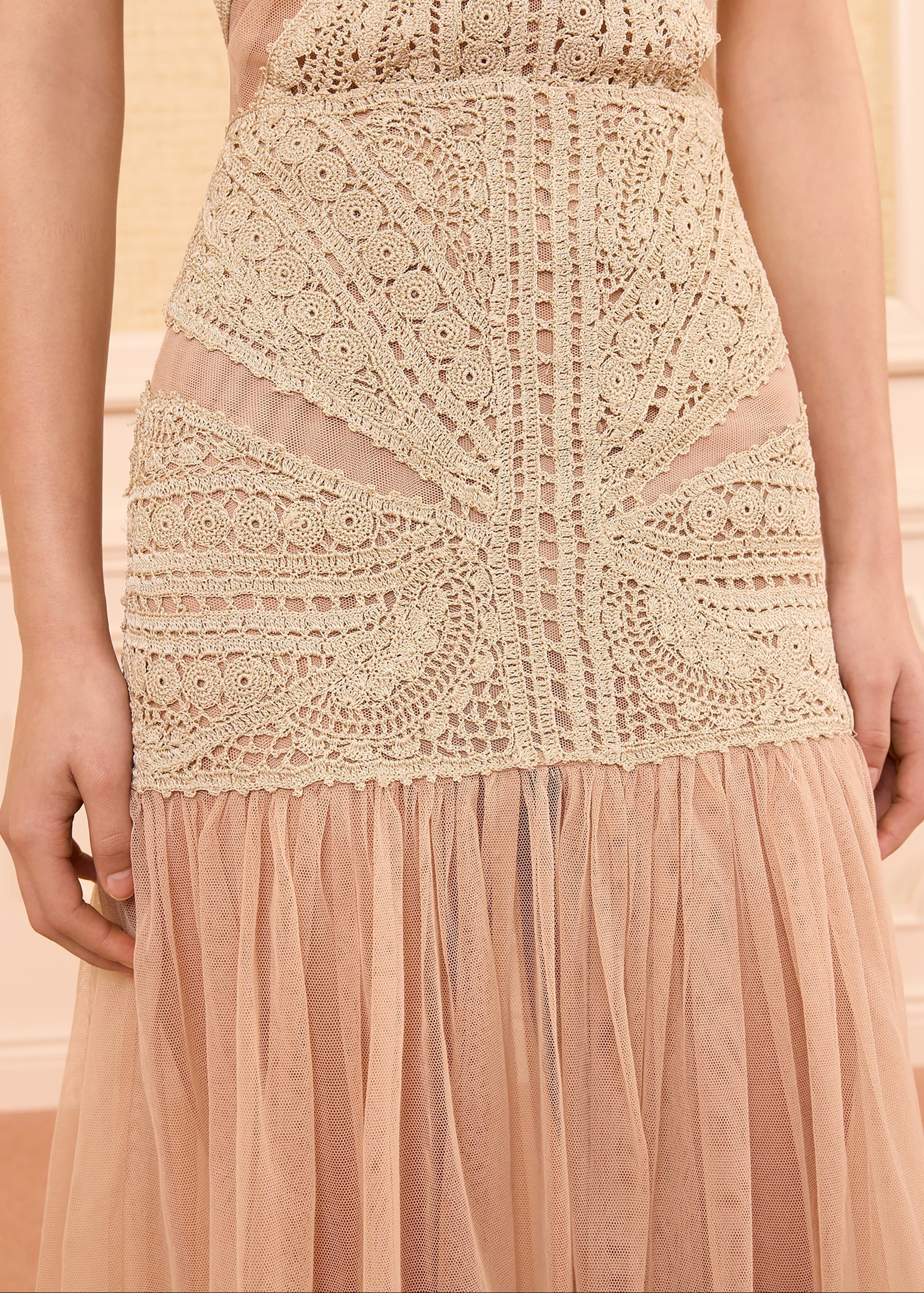 person wearing ulla johnson womens Araminta High-Rise Sheer Midi Crochet and Tulle Skirt