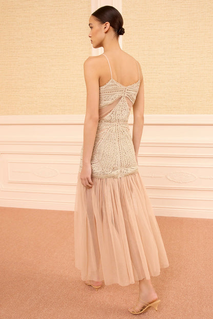 person wearing ulla johnson womens Araminta High-Rise Sheer Midi Crochet and Tulle Skirt