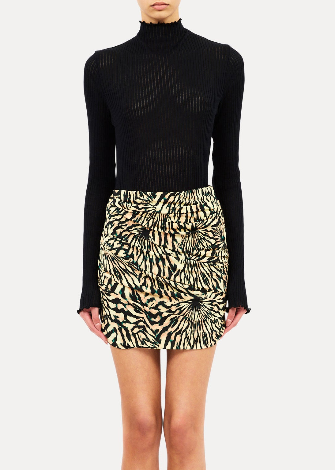 person wearing ulla johnson womens Clementine Jersey Skirt celestite abstract viscose print