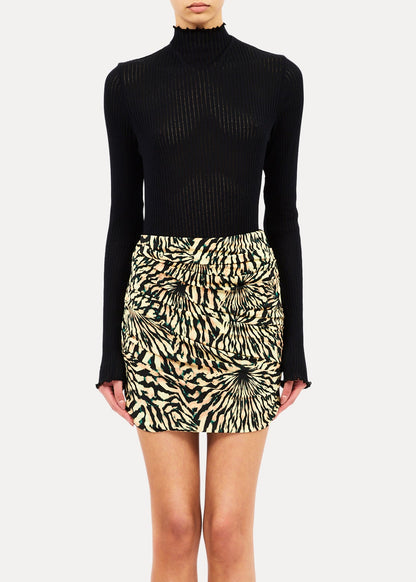 person wearing ulla johnson womens Clementine Jersey Skirt celestite abstract viscose print