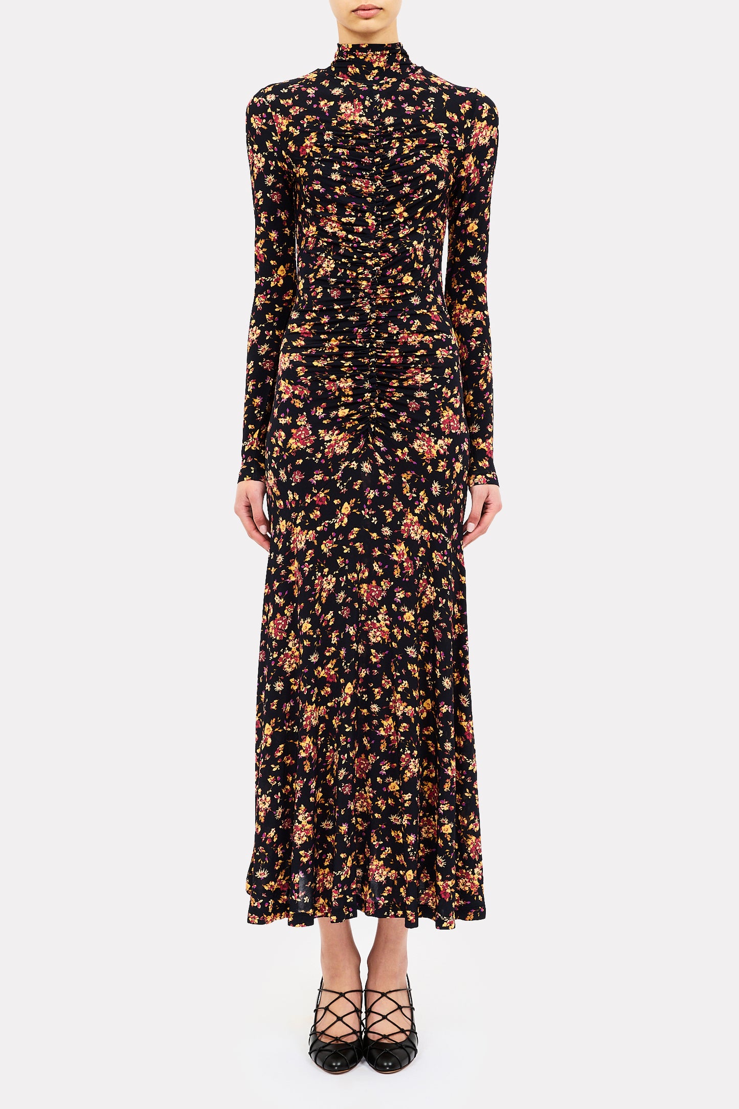 person wearing ulla johnson womens Ida Long Sleeve Jersey Dress in Noir Floral