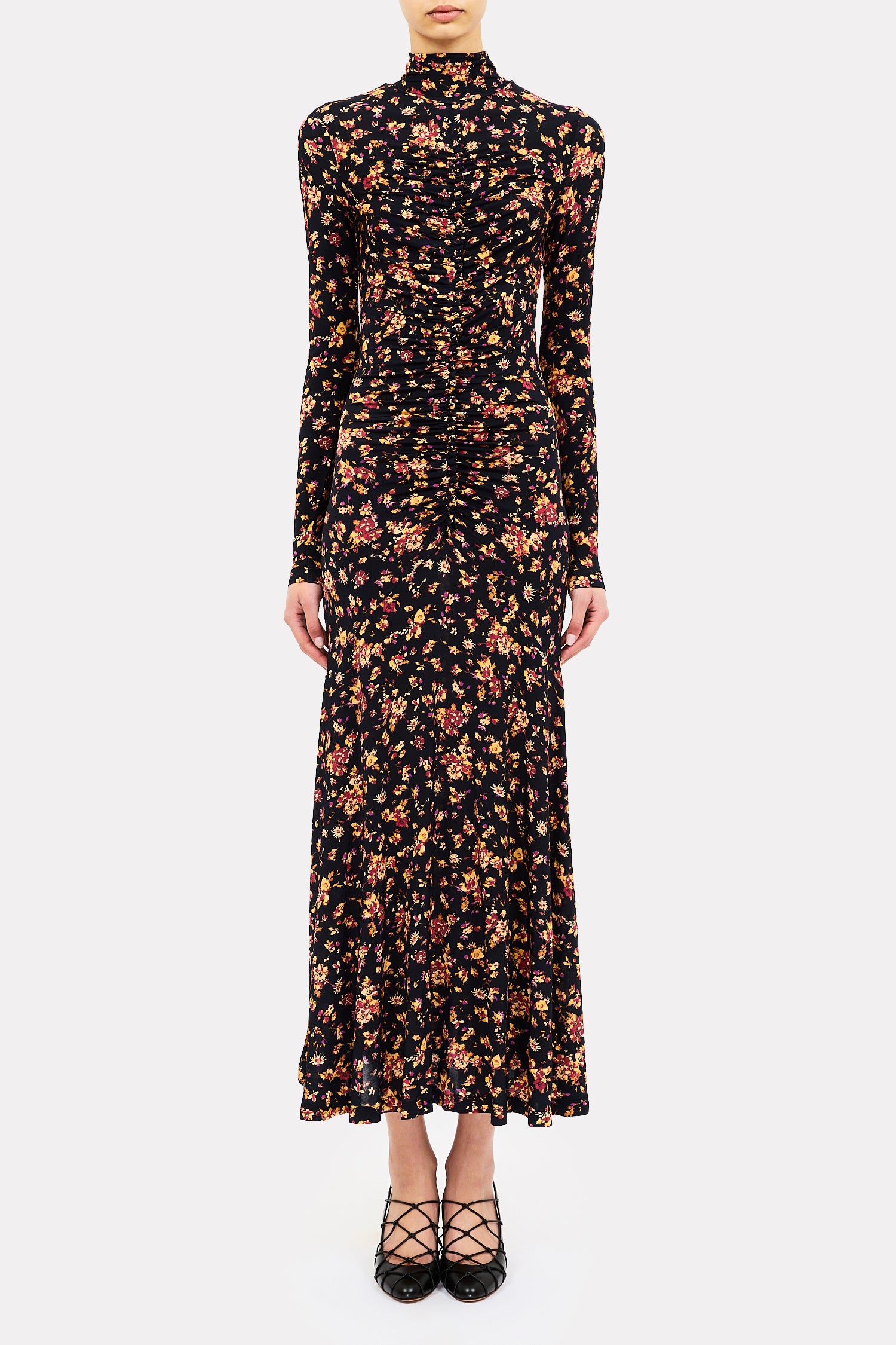 person wearing ulla johnson womens Ida Long Sleeve Jersey Dress in Noir Floral