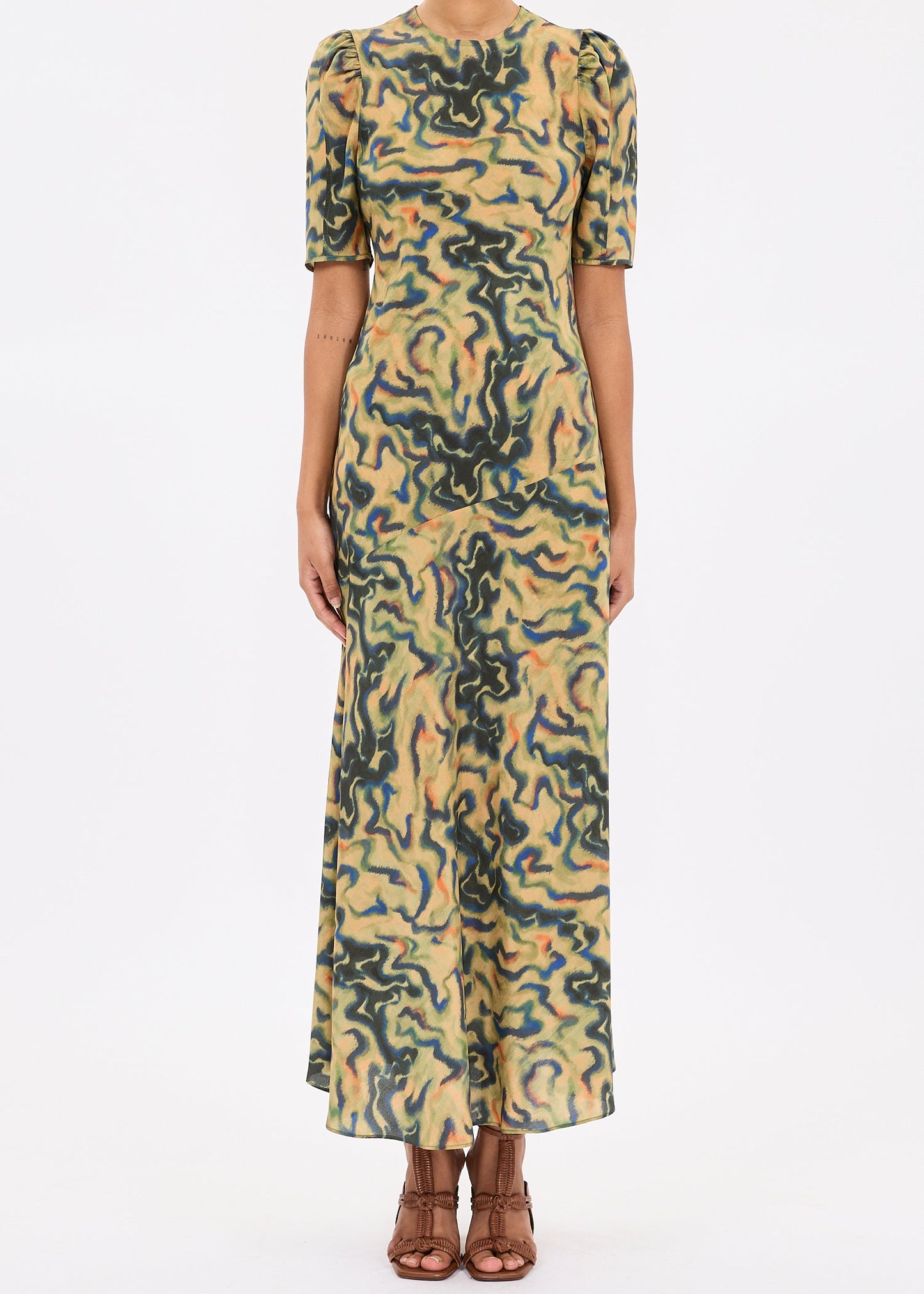 person wearing ulla johnson womens Samar Multicolored Puff Sleeve silk Midi Dress geode print