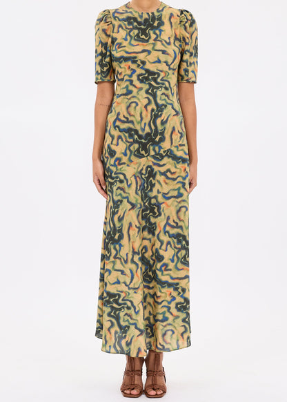 person wearing ulla johnson womens Samar Multicolored Puff Sleeve silk Midi Dress geode print