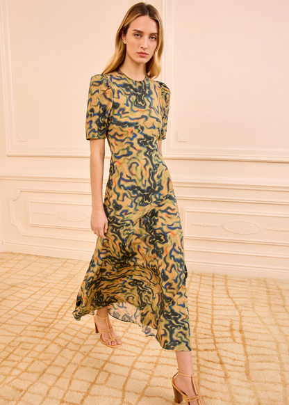person wearing ulla johnson womens Samar Multicolored Puff Sleeve silk Midi Dress geode print