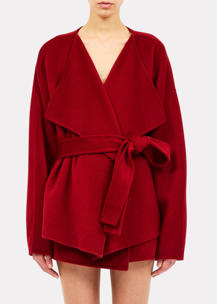 person wearing ulla johnson womens Sasha Wool Coat in Cerise red
