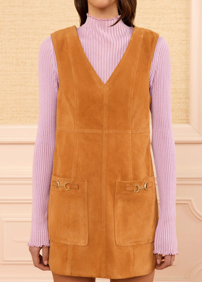 person wearing ulla johnson womens Sloane Cognac Suede Mini Dress