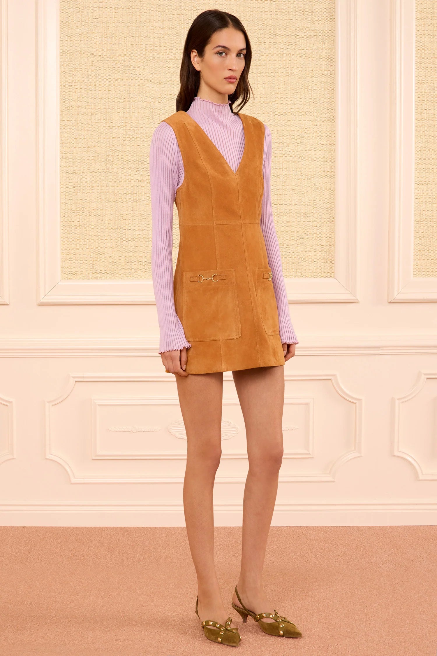 person wearing ulla johnson womens Sloane Cognac Suede Mini Dress
