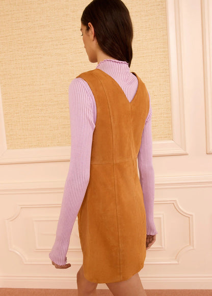 person wearing ulla johnson womens Sloane Cognac Suede Mini Dress