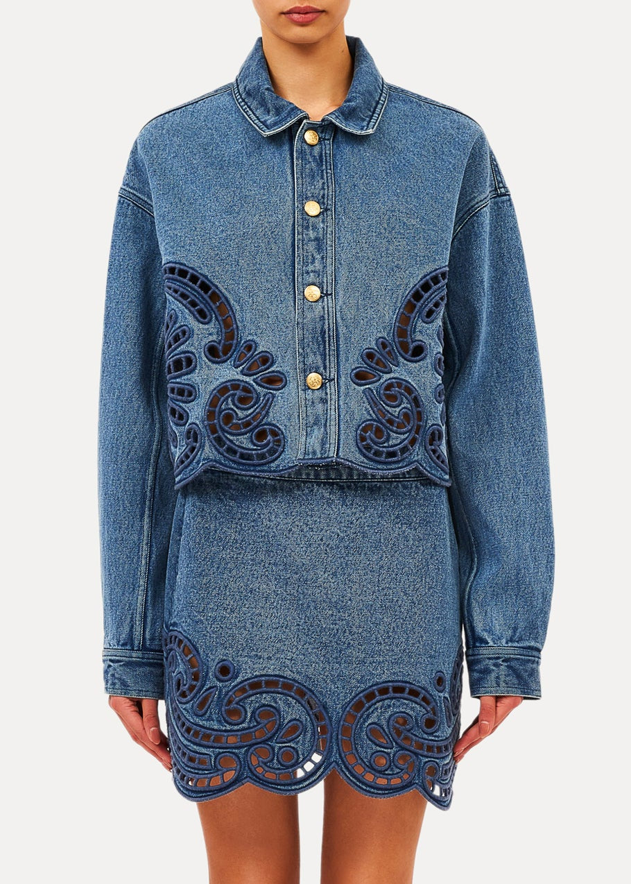 person wearing ulla johnson womens The Bobbi Jacket with Eyelet Cadiz Eyelet Denim river wash